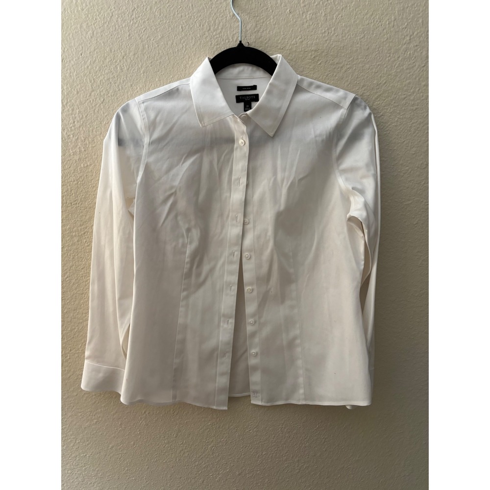 Talbots Non-Iron White Button Down Shirt  2P Stretch Cotton Blouse Long A1112